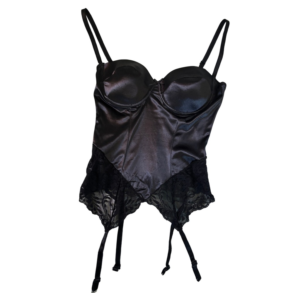 La Senza Vintage Black Satin Lace Bustier Corset Top Underwire Garter Straps 34
